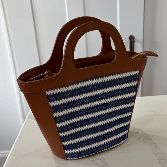 Ann Taylor Blue & White Crochet Stripe and Tan Leather Tote Bag Purse - Picture 2 of 8